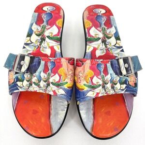 JEON Artistic Calla Lily Print Buckle Slide Platform Wedge Sandals Sz 9.5